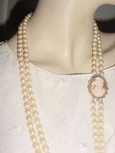 RARE PANETTA OPERA LENGTH 30 PEARLS NECKLACE CARVED SHELL CAMEO 