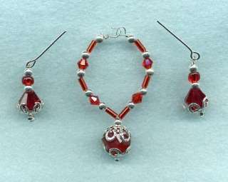   JEWELRY FILIGREE SILVER & RED CRYST NECKLACE & EARRINGS SET  