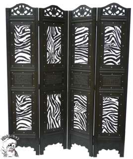   Vintage Style Folding Zebra Print Screen 4 Panel Wood Room Divider