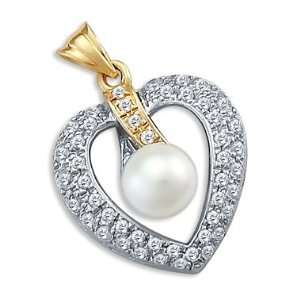    14k Yellow and White Gold Pearl Heart CZ Charm Pendant Jewelry