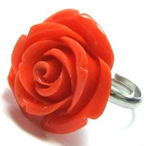  24mm orange pink coral carved rose flower adjustable ring 