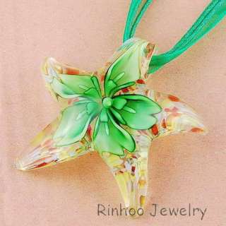 Beautiful Starfish Flower Inside Lampwork Glass Art Pendant Necklace 