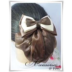  Beautiful Satin Brown Cream Bow Barrette Snood Hair Net 
