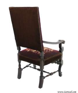   19th Century Tudor Solid Mahogany Needlepoint Throne Arm Chair  