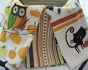 Moda Retro Style Dish Towels Halloween Owls Cats Set 3  