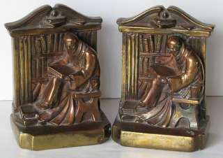 Vintage Pompeian Bronze Bookends Monk / Fryer Reading Library  